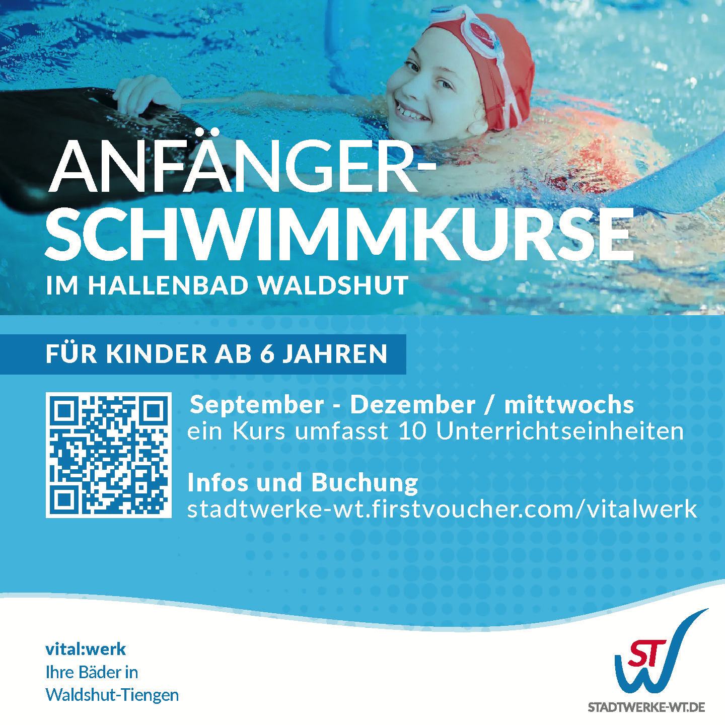 Ankündigung für Anfängerschwimmkurse für Kinder ab 6 Jahren im Hallenbad Waldshut, September bis Dezember.