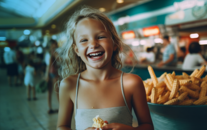 vital:werk ein lachendes Mädchen, das Mais in der Hand hält